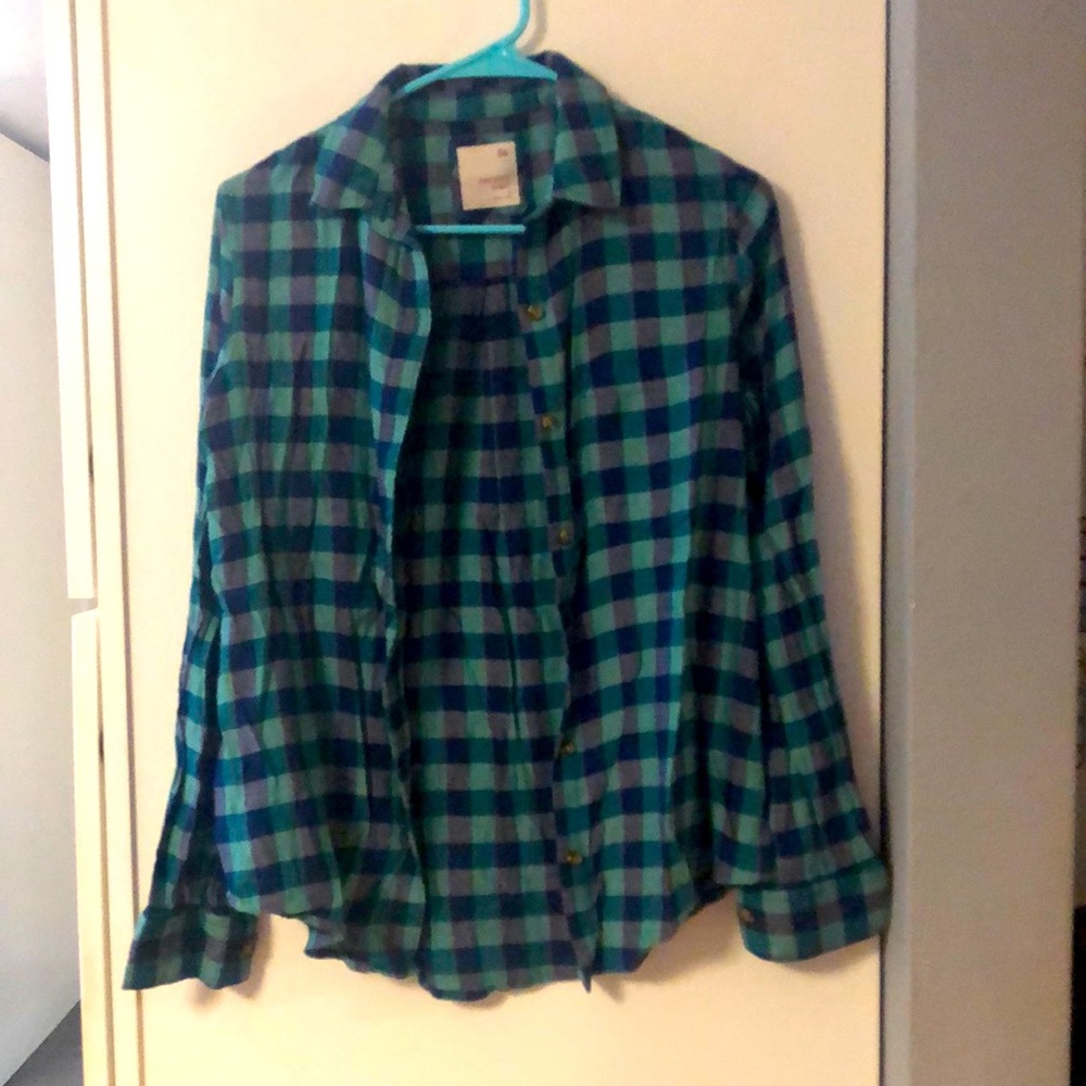 Green and blue plaid button down shirt